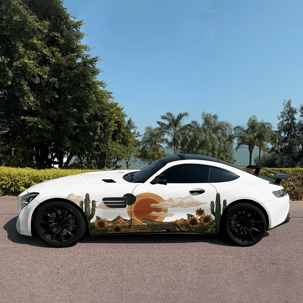 Cheetah Cactus Sunset Car Vinyl Wraps Decal Self-adhesive PVC Sticker Suitable for Trucks SUV Decoration Auto Accessories Gift