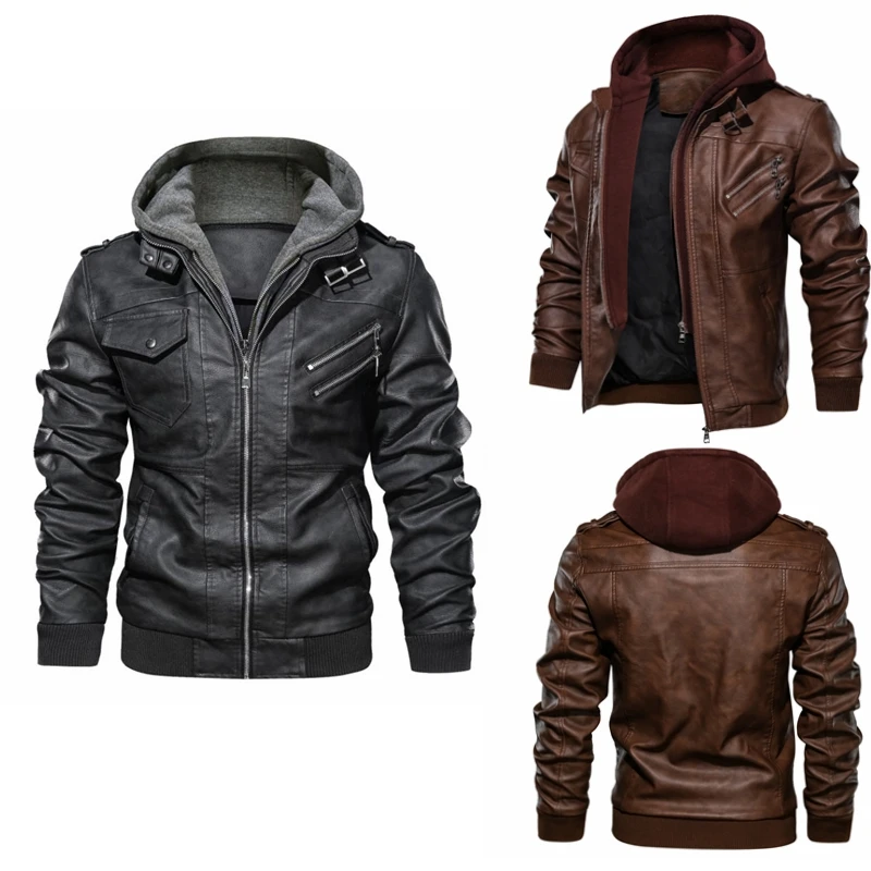 

Men's Thiened Leather Jaet Hoodies Military Sle PU Leather Coat Casual Loose Fit Winter Coat Youthful Vitali Sle