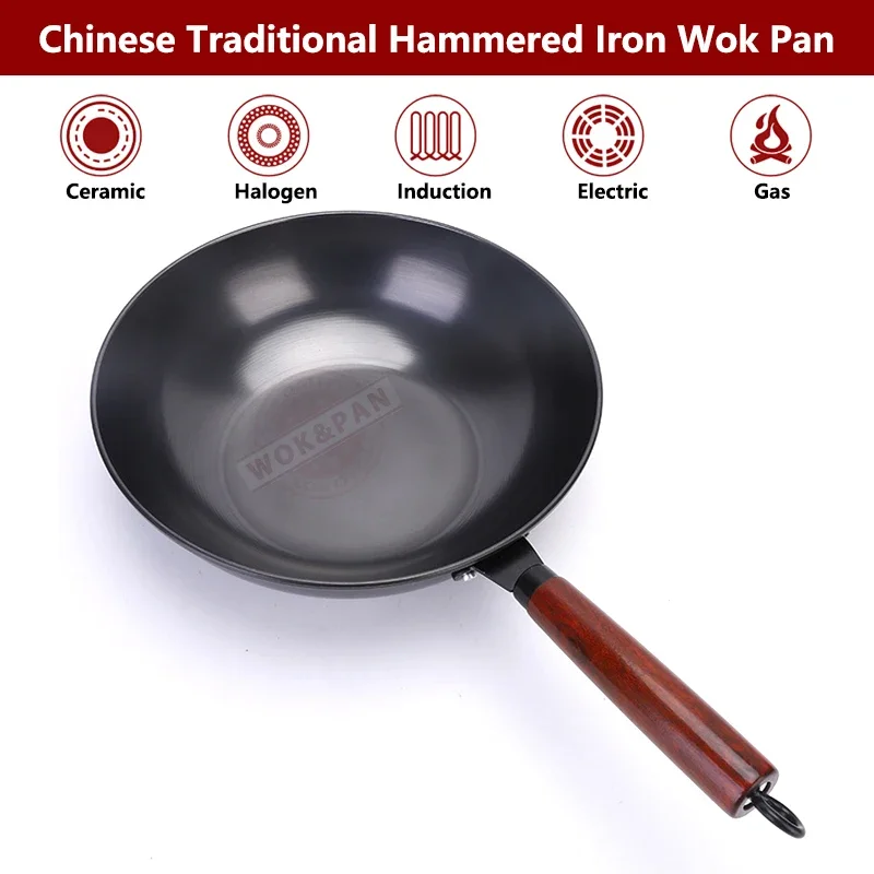 Carbon Steel Wok Pre-Seasoned Woks & Stir-fry Pans Nonstick Flat Bottom Chinese Wok for Induction Electric Gas All Stoves