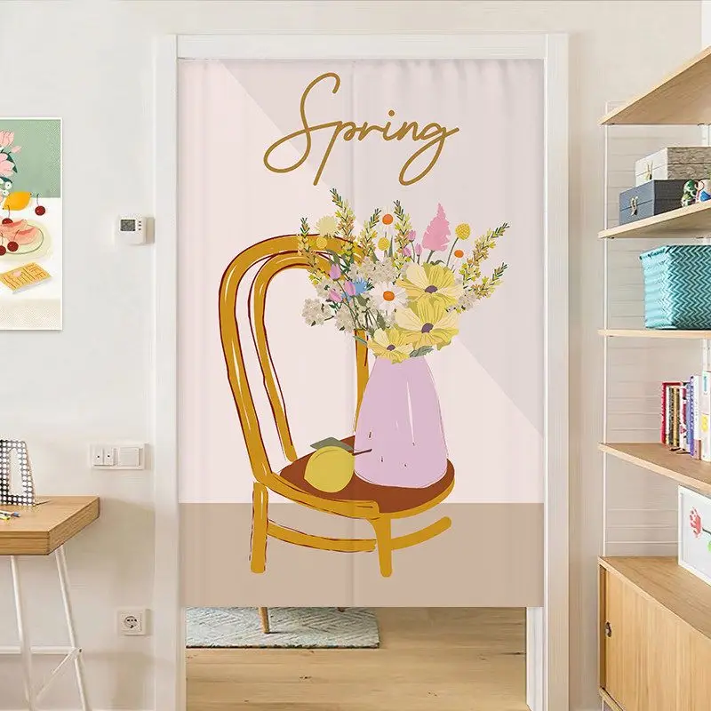 VIKAMA March Floral Door Curtain for Doorway, Yellow Flower Vase & Fruit Print Decorative Curtain Kitchen Room Divider Hanging
