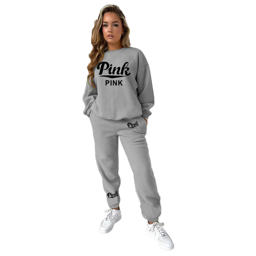 Sweatpants Set Women Fashion 2 Piece Set PINK Letter Print O Neck Long Sleeve Sweatshirt And Long Pants Set Suit Sporty Outfits