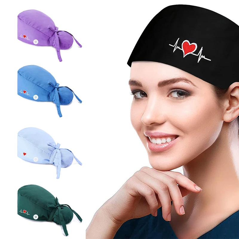 Unisex Embroidered Medical Surgical Caps Lab Doctor Working Cap With Button For Women Men Dustproof Hair Cotton Scrub Cap