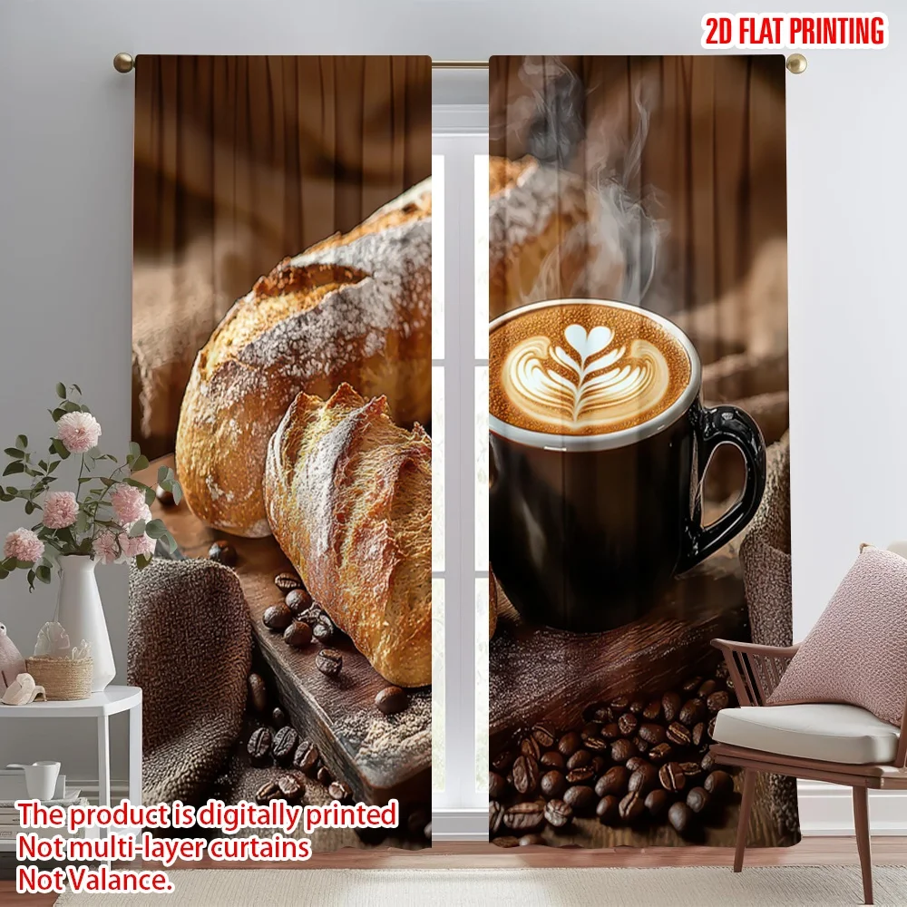 

2D flat printing 2pcs Curtain Latte with Bread Digital Printed Polyester Drapes Family Party for Festive for Bedroom Living Room
