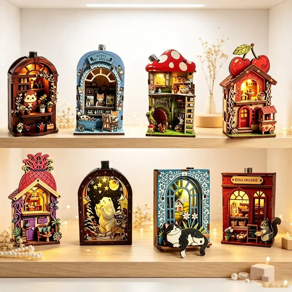 3D Miniature Coffee House Scene Model Ornament Handmade Assembly of Wooden DIY Refrigerator Stickers Creative Girl Birthday Gift
