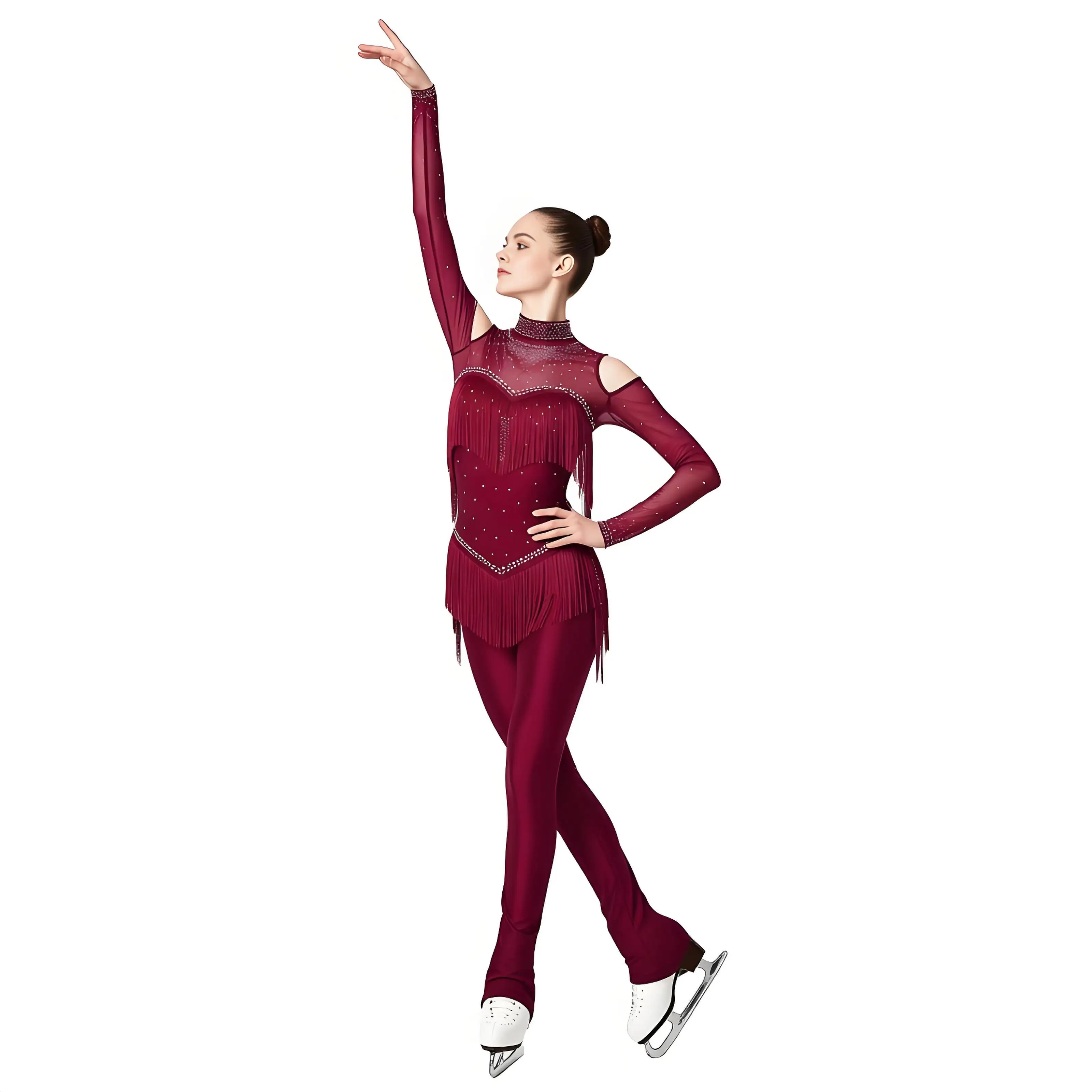 

Womens Figure Skating Performance Glitter Rhinestone Jumpsuit Tiered Tassel Leggings Bodysuit for Gymnastics Ballet Dancewear
