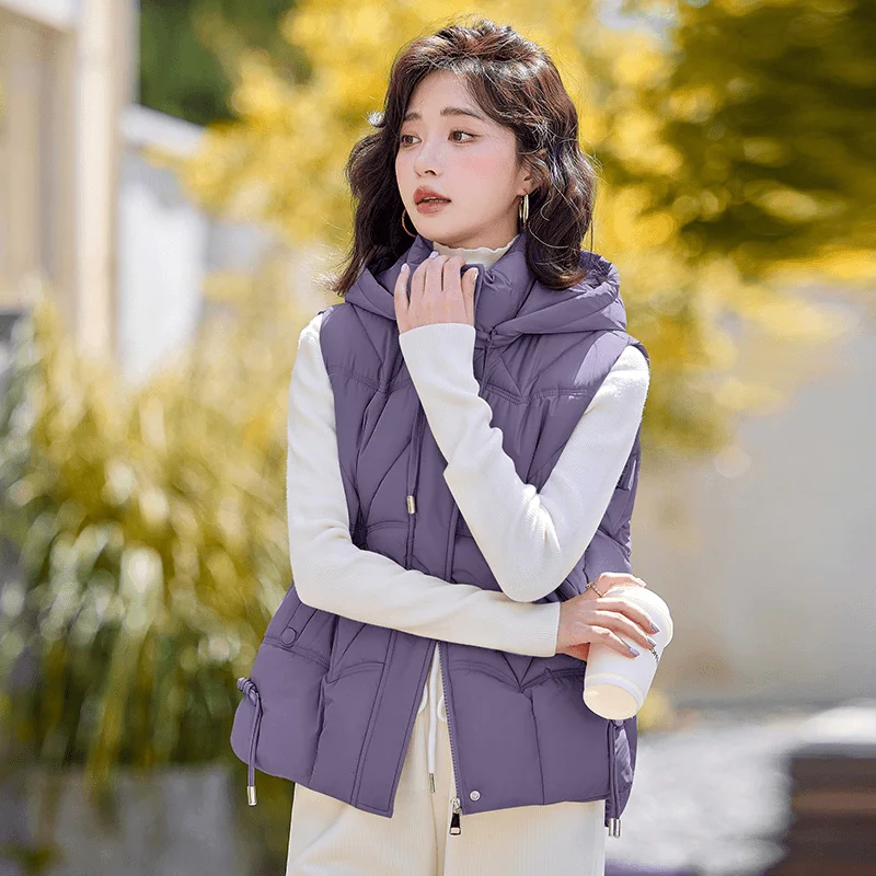 

Winter Short Down Cotton Sleeveless Vest Women Hooded Warm Zipper Jacket Ladies Casual Fashion Female Waistcoat Outerwears