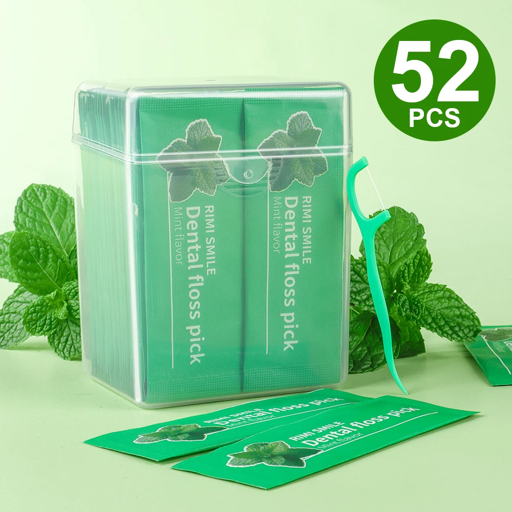 52PCS Premium Mint Dental Floss Sticks, Individually Wrapped, Effectively Remove Plaque & Food Debris