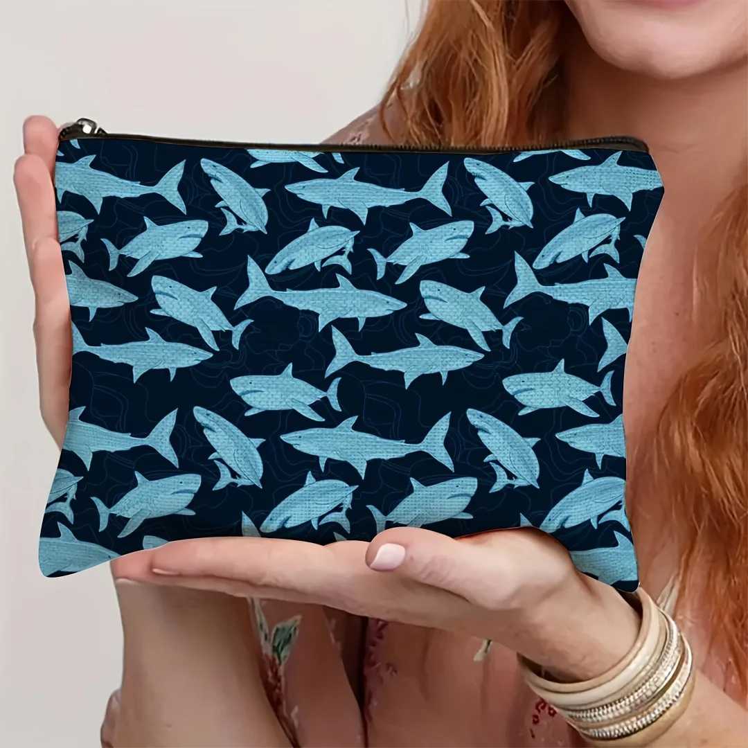 

Ocean-Inspired Shark-Themed Large Capacity Makeup Bag - Durable Polyester Scent-Free Cosmetic Organizer For Travel Vacation