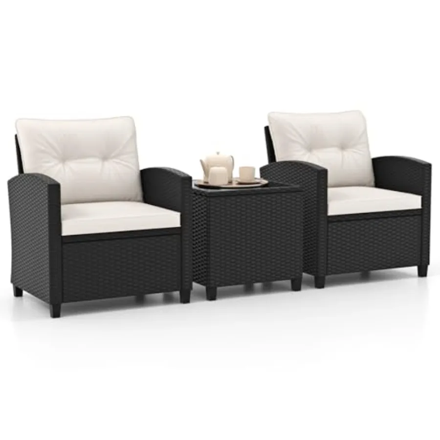 3 Pieces Wicker Patio Conversation Set for Garden Poolside Balcony, PE Rattan with Off White Washable Cushions and Tempered Gla