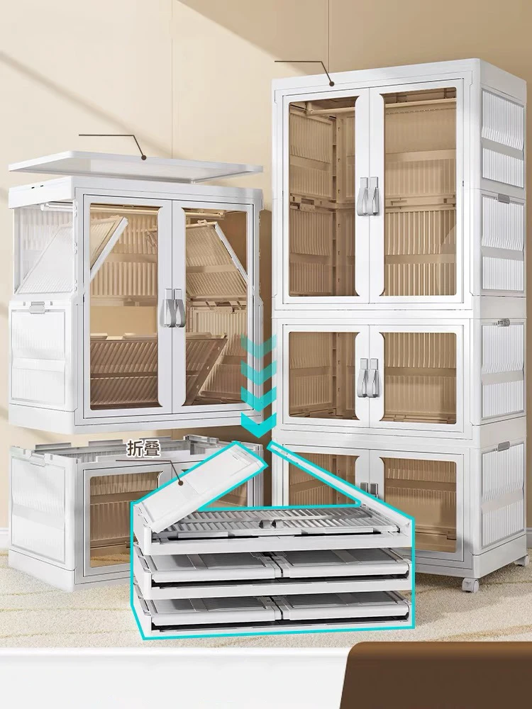 Armario plegable de plástico transparente con poleas, caja de almacenamiento para el hogar, organizador de comestibles, cajones, contenedores