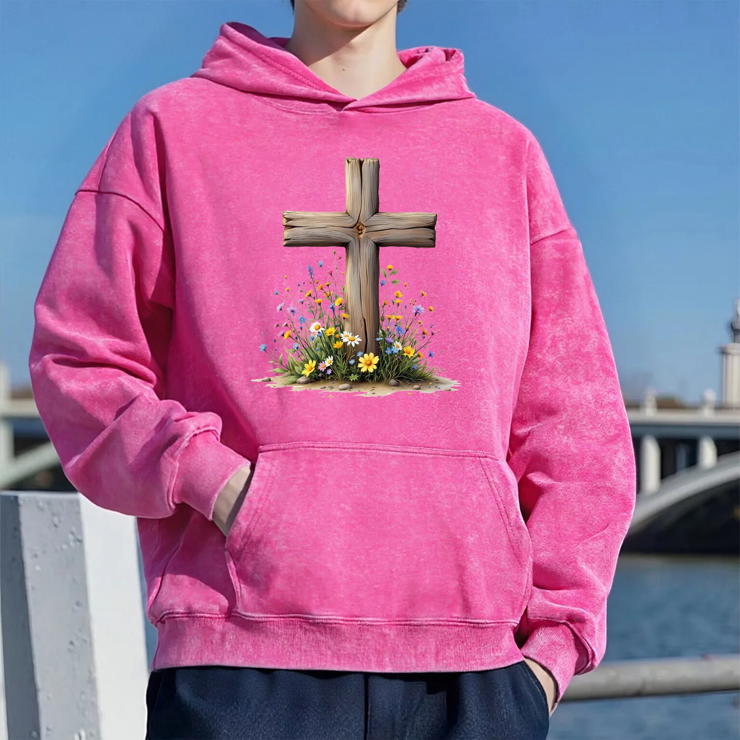 سويت شيرت بقلنسوة بنمط كروس ريترو مغسول للجنسين كاجوال بنمط رياضي مصنوع من القطن الخالص طراز الشارع 400 جرام