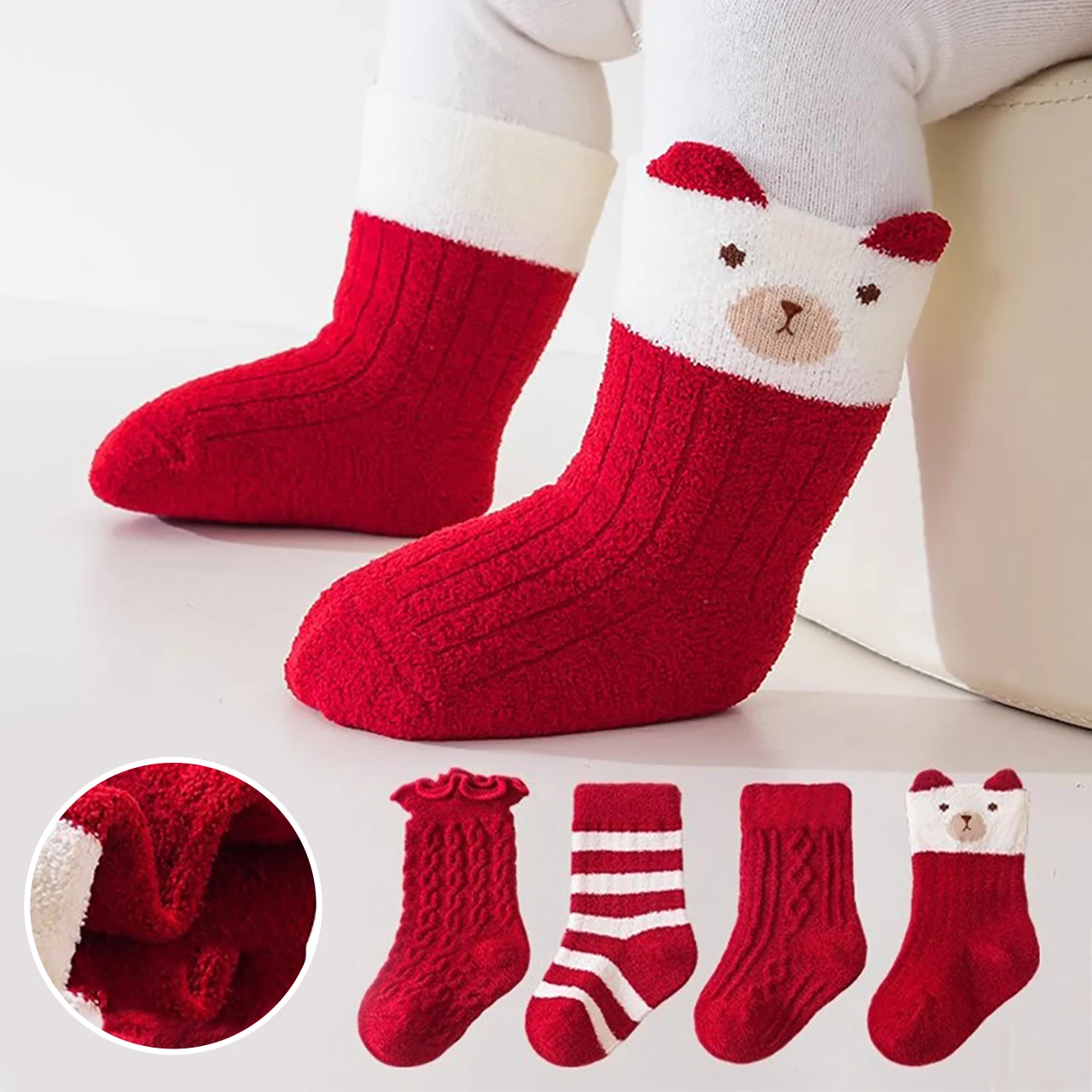 

Thick Velvet Red Christmas Sock Gift 0-3Year Baby Plush Socks Winter Warm Mid Tube Sock Cute Cartoon Kids Socks Newborn Footwear
