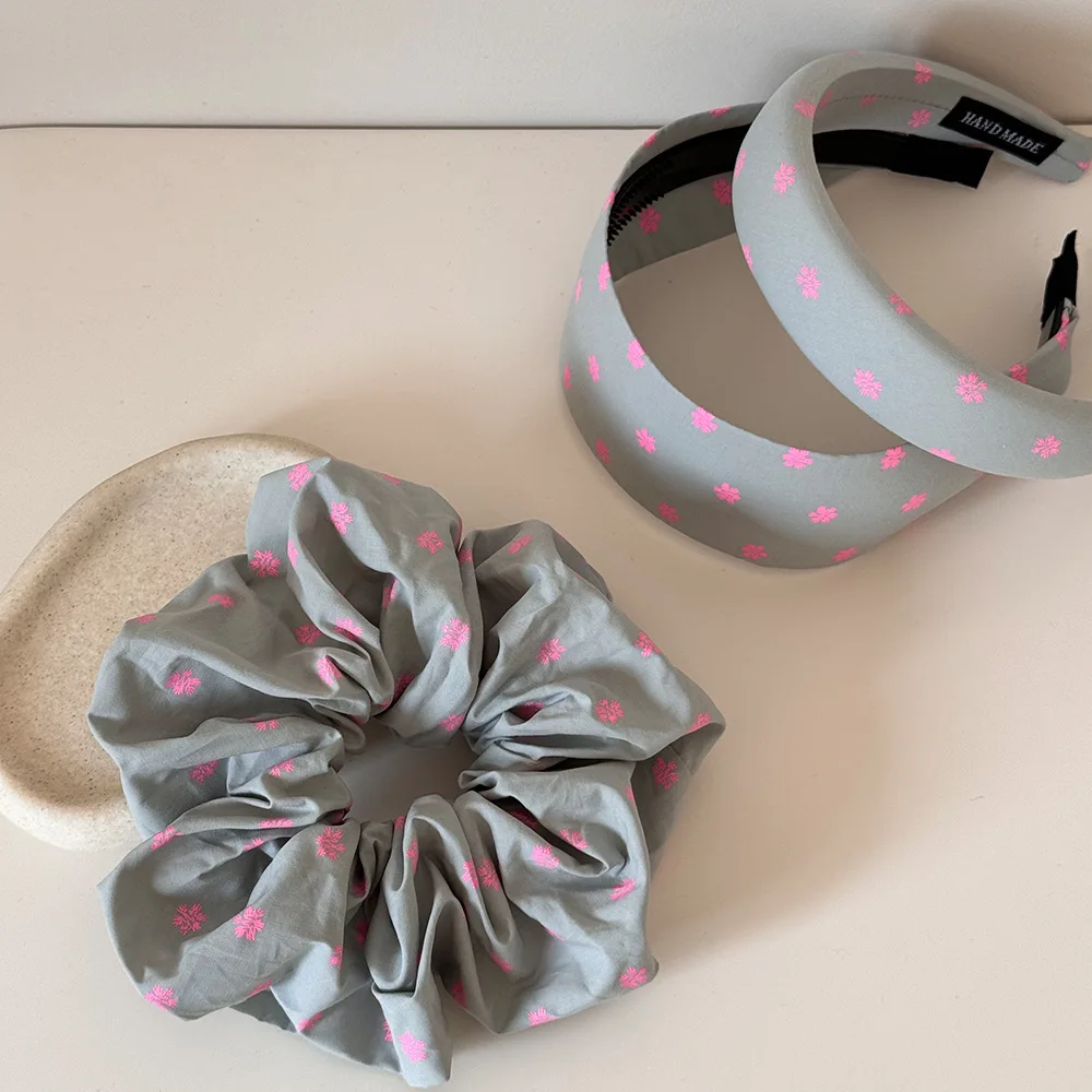 

2026 Gray Pink Floral Print Hair Accessory Set Wide Headband Mini Cherry Blossoms Hair Hoop Women High Quality Fabric Hair Ties