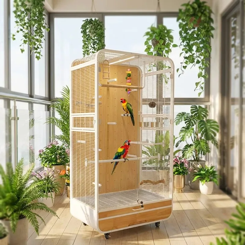Large Eco Solid Wood & Iron Parrot Villa Cage, Mobile Aviary For Macaw, Indoor Outdoor Bird House For Parrot Raising Pet Supply