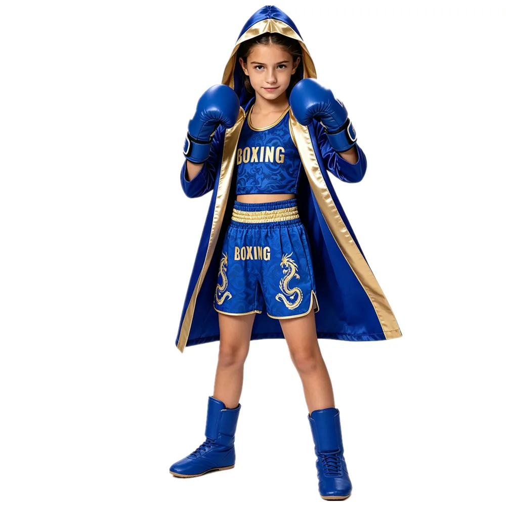 Kids Boys Girls Boxing Outfit Boxer Performance Costume Metallic Long Sleeve Pugilism Hooded Robe with Belt Crop Vest Shorts Set