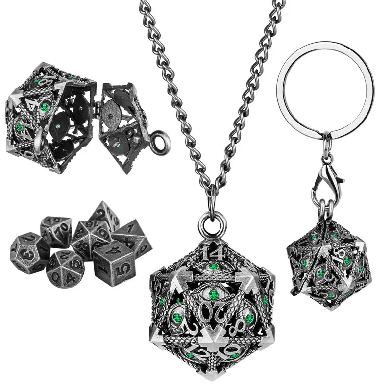 Retro Hollow D20 Case Pendant Key Ring 7pcs Mini Polyhedral Dice Set Role Play Gaming Dices Storage Case with Necklace Chain
