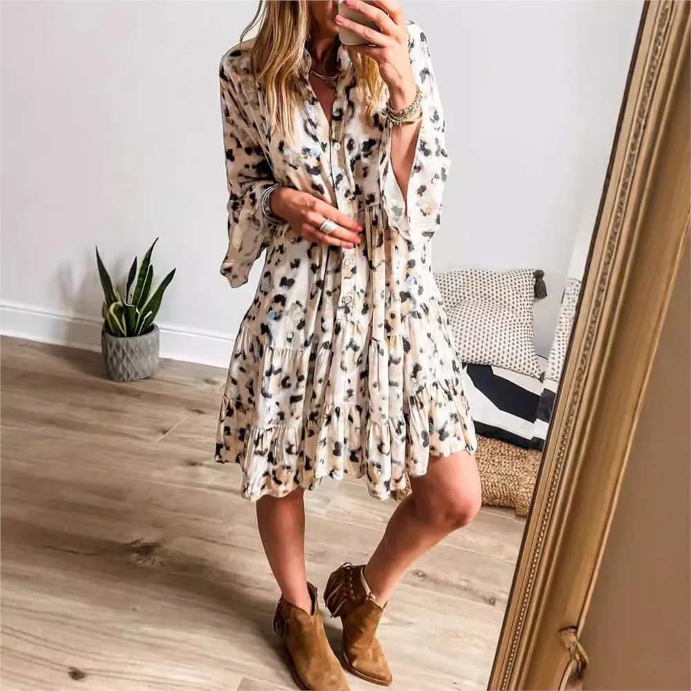 Camisa estampada de manga larga, vestido de mujer de un solo pecho, primavera Otoño, nuevos vestidos informales sueltos empalmados elegantes para playa para mujer
