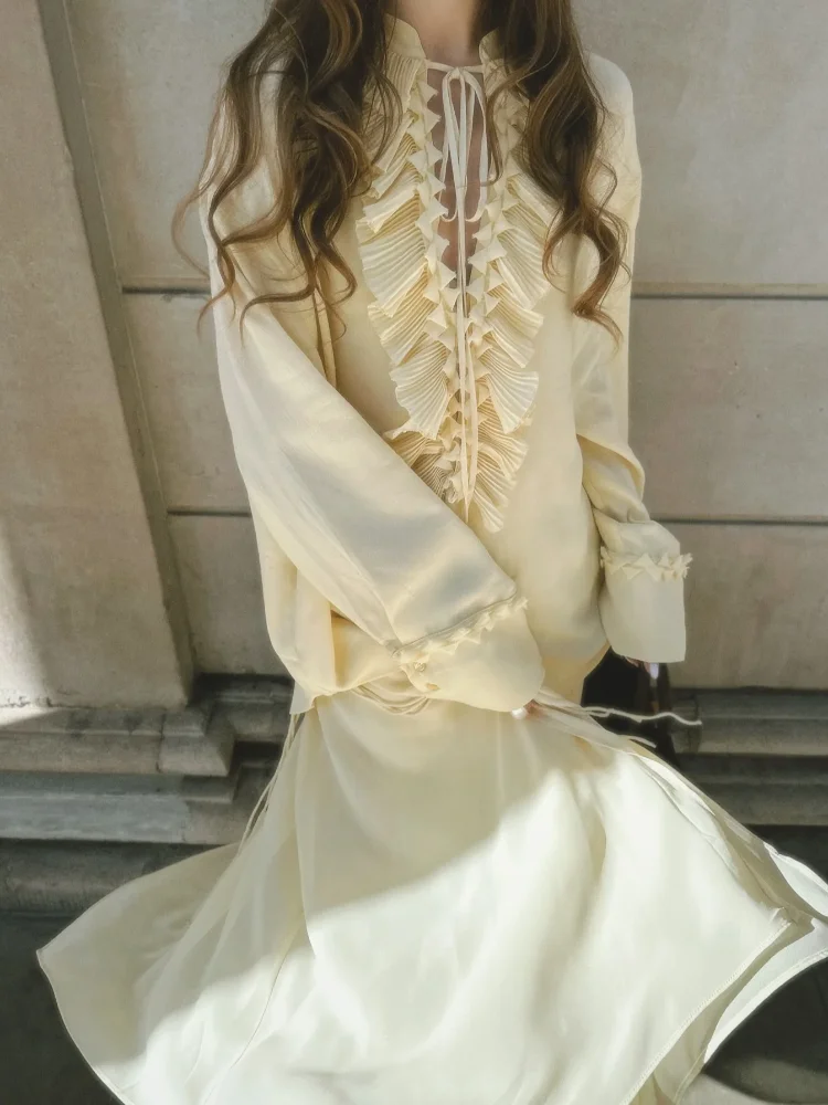 Butter Yellow Ruffled Long Skirt Suit Summer Women's Fashion Loose Lace-up V-neck Shirts Sets 2025 Lady Holiday Street Outfits