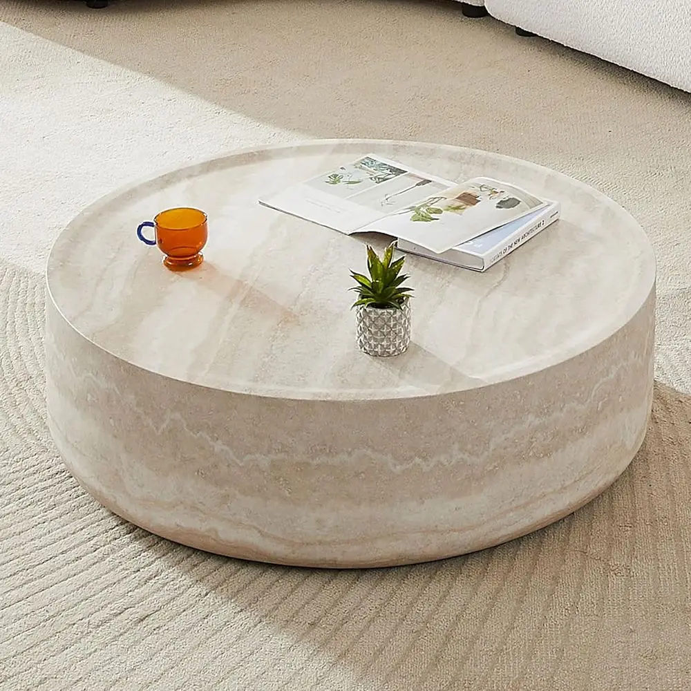 

White Marble Drum Style Fiberglass Coffee Table, 39.37 Diameter, Fully Assembled, Ideal for Living Room or Office