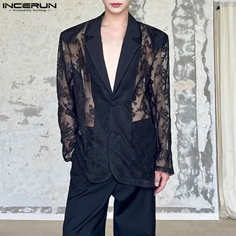 INCERUN Men Blazer Lace Patchwork Transparent Lapel Long Sleeve Casual Male Suits Streetwear 2024 Fashion Party Thin Coats S-5XL