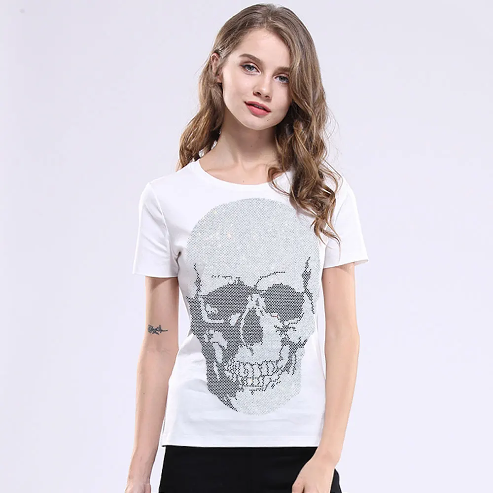 Beautiful Skulls T-shirt Women 2024 Summer Short Sleeve Tops Lady Fashion Streetwear Slim Cotton Tshirts Rhinestone Size S-5XL