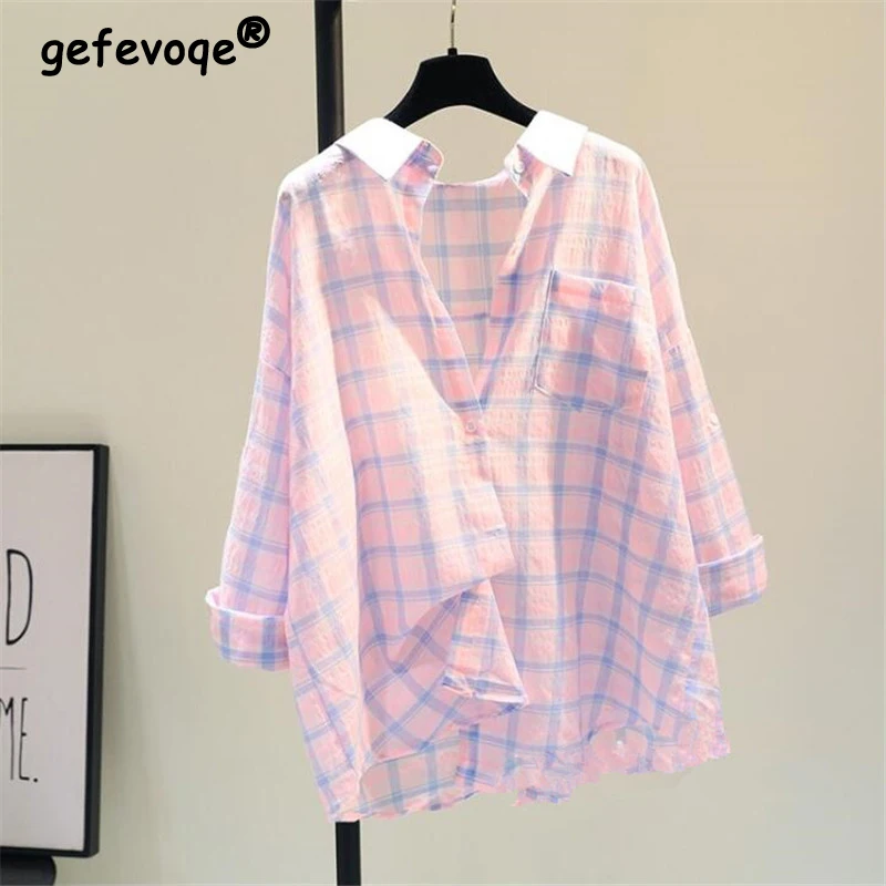 Women\'s Trendy Plaid Print Oversized Sunscreen Shirt Summer Casual Streetwear Long Sleeve Blouse Lapel Cotton Linen Tops Female