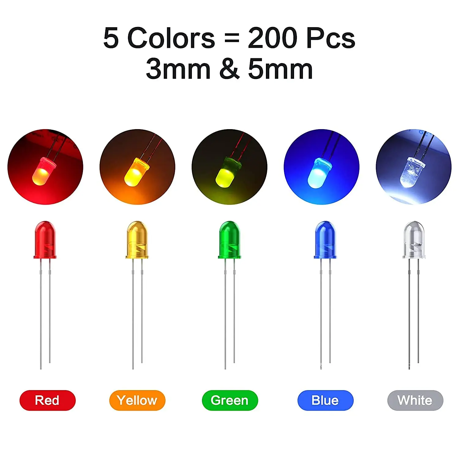 200Pcs 3mm & 5mm Led Light Emitting Diodes Assortment Kit, Mini/Tiny/Small Individual Led Single Light, Clear/White Red Green