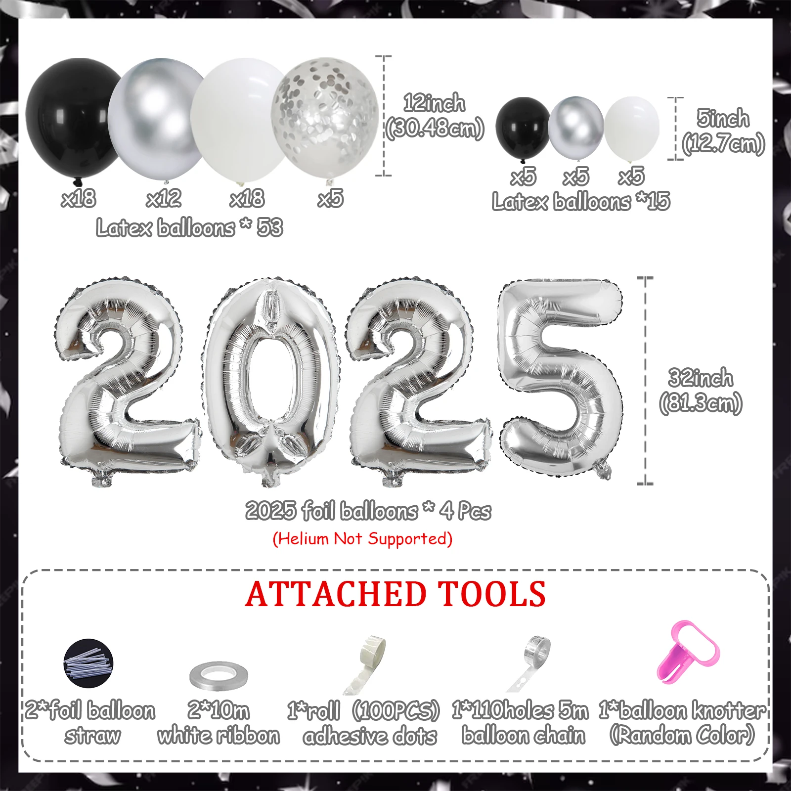 Kreatwow Foil Balloons Garland Kit, Silver Confetti, Graduation Party Decor, Fit for Prom, Night Anniversary, Class of 2025