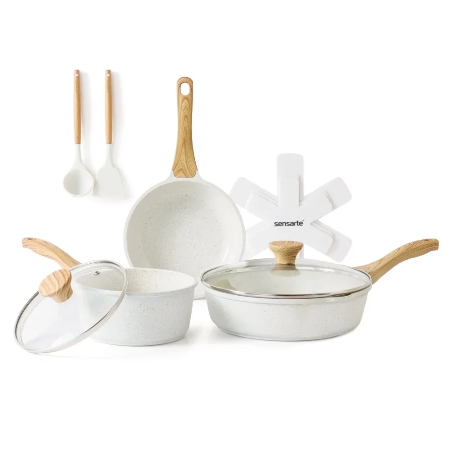 

10-Piece Ceramic Pots and Pans Set, White Induction Nonstick Cookware Set, Healthy Kitchen Cooking Sets with Stay-Cool Handles,