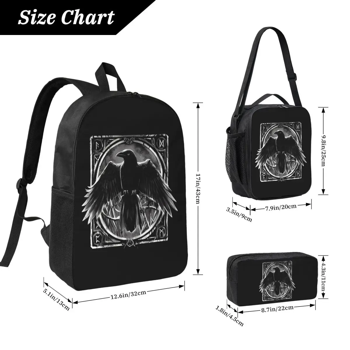 Odin's Watcher Yggdrasil Raven Backpack Boys Girls BookBag School Bag Computer Shoulder Bags 3ps Insulated Lunch Bag Pencil Case