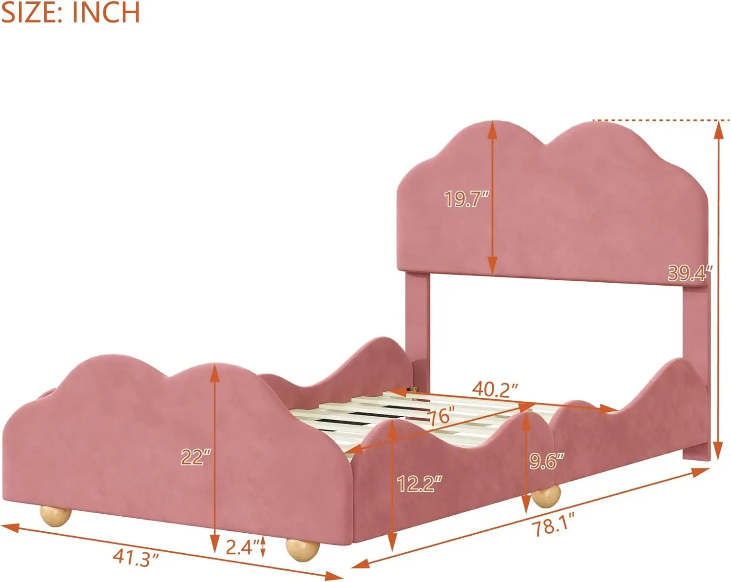 Platform Bed with Cloud Shaped Headboard, Solid Pinewood Bed-Frame W/Supported Feet and Baffle, for Kids,Girls,Boys,Dark Pink