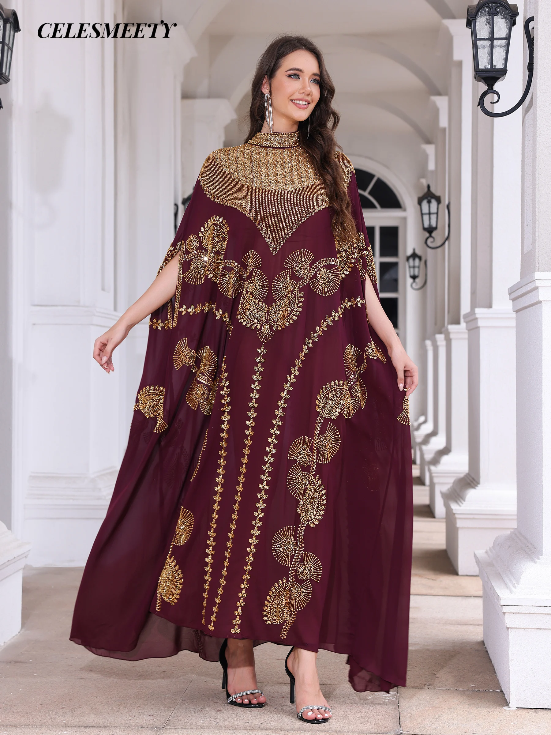 Luxury Elegant Round Neck Batwing Sleeve BeadedEmbroidered Cover Up, Sequin Embroidered Arabic Abaya Cloak Dress（No Inner Dress)