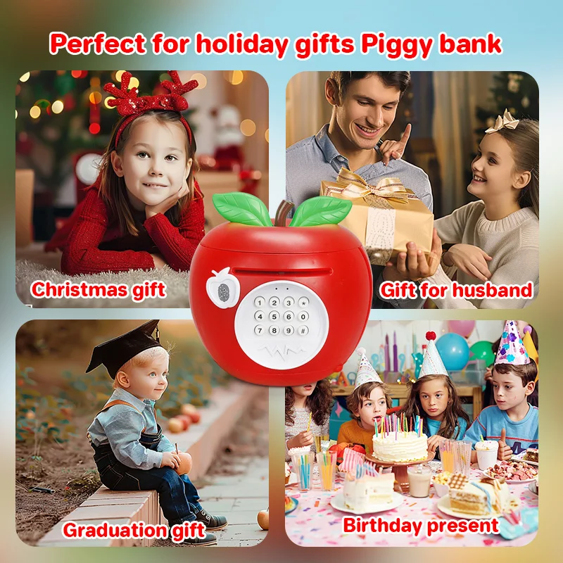 Cartoon Apple Piggy Bank Fingerprint Password Kids Toys Cute Large Capacity Money Saving Box Coin Storage Box Christmas Gifts