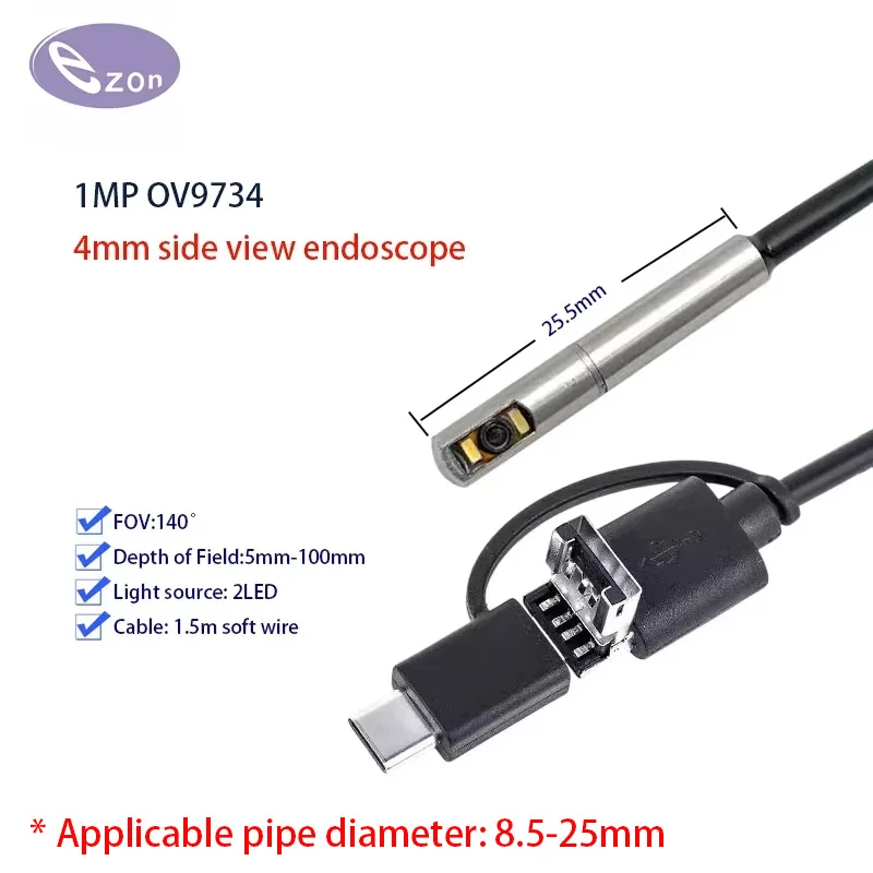 

1MP 4mm Side View Endoscope Wide Angle FOV140゜ Macro USB Endoscope Camera EZ-EN40SV-RT