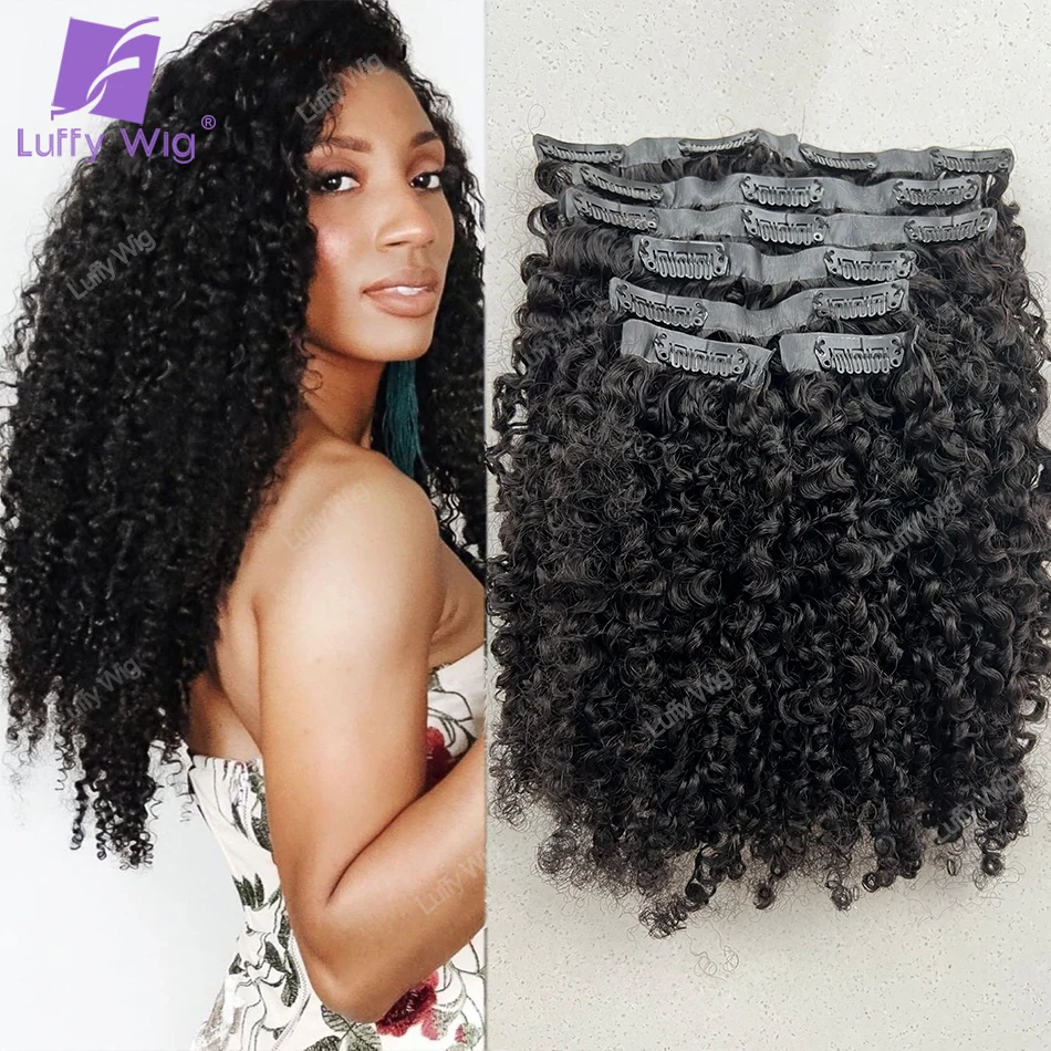 Monglian Afro Kinky Curly Human Hair Clip in Remy Seamless Pu Curly Clip Ins Human Hair Extensions Skin Weft Bundles 3c aa Luffy