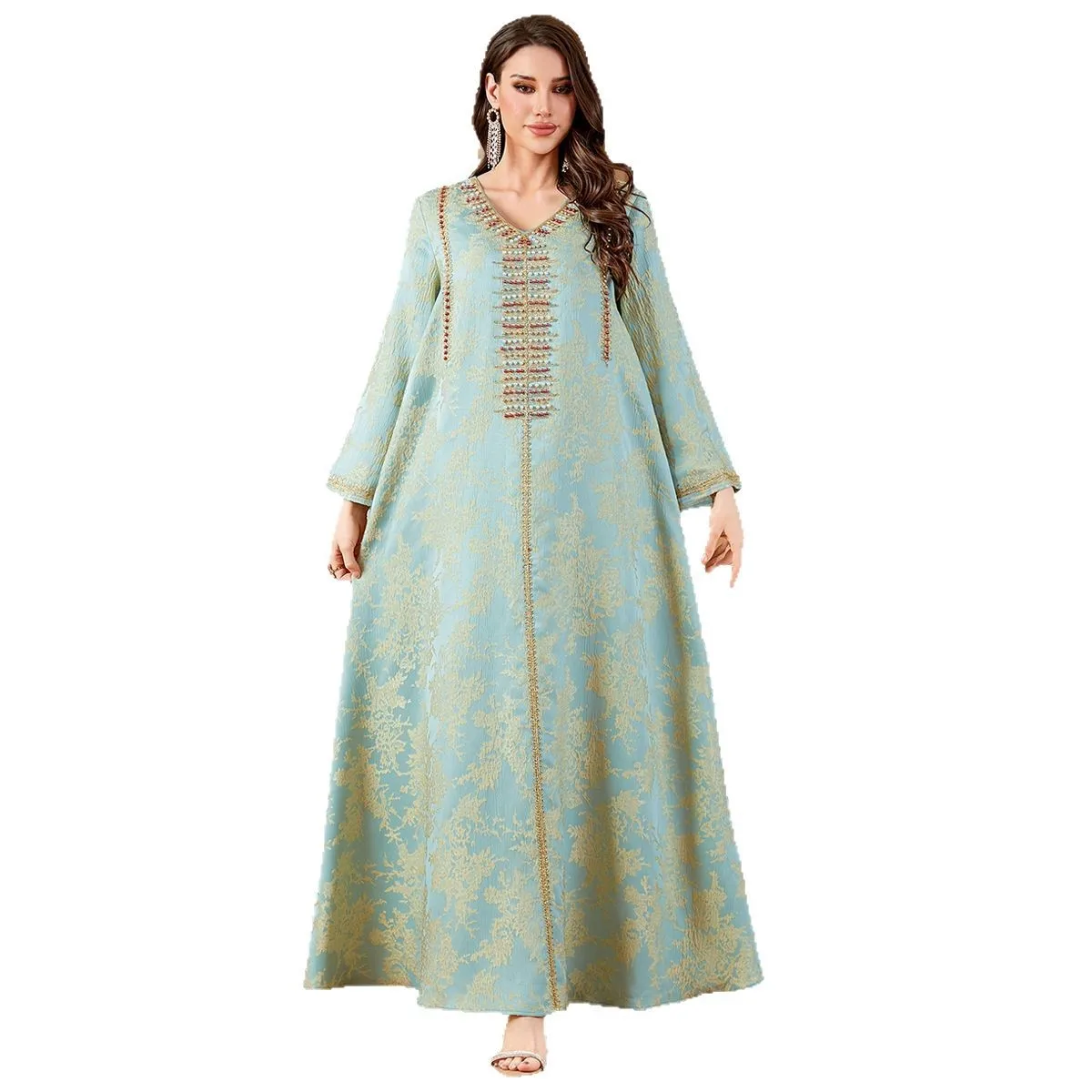 New Luxury Jacquard Woman Evening Dress Dubai Beaded Abaya Embroidered Kaftan