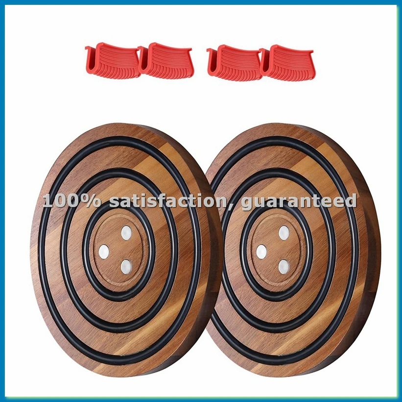 

2 Pcs Magnetic Wooden Trivets, Black Silicone Rings, Magnetic Pot Holder for Enameled Cast Iron Dutch Oven-ABRM