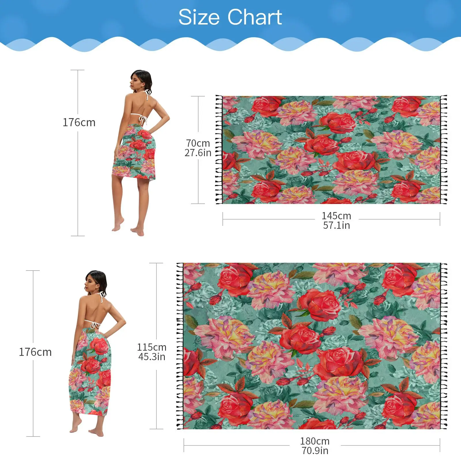 Elegant Rose Flowers Print Swimwear Beach Cover Up For Women Cotton Pareo Sarong Scarf Bikini Bathing Wrap Dress With Tassels