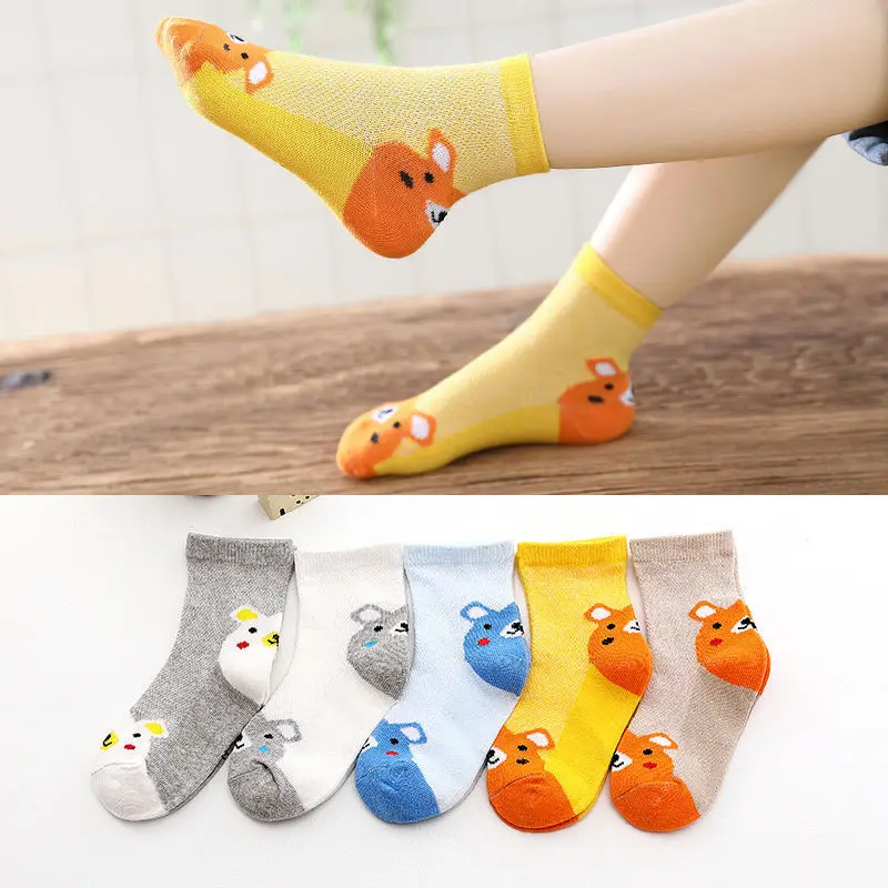 5 Pairs Children Cute Cartoon Rat Mesh Socks Soft Breathable Cotton Mid Tube Socks Summer Thin Kids Socks for Boys Girls