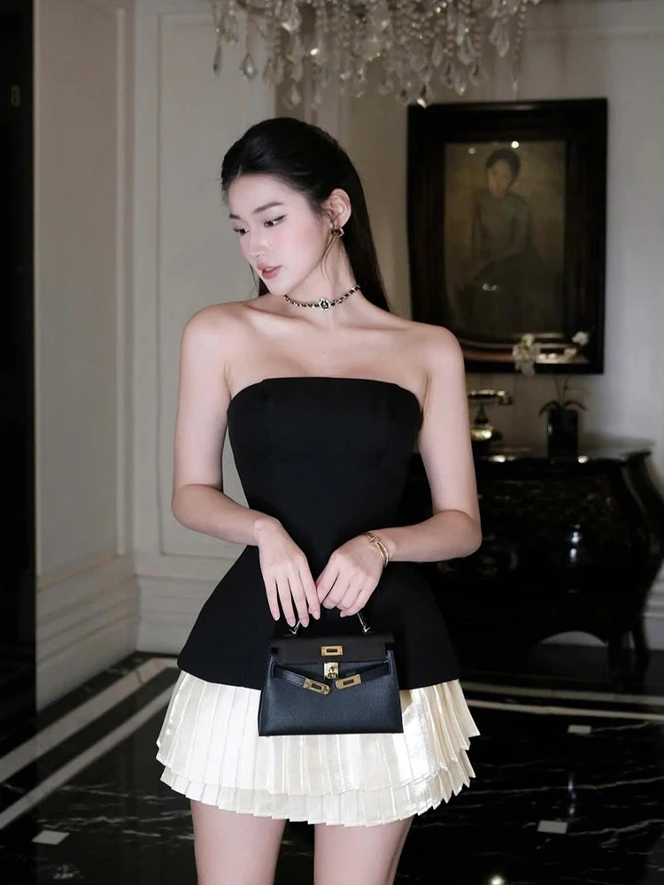 

Черное миниатюрное платье без бретелек в стиле фрагранс, женское, новинка 2026 года, уникальное вечернее платье с высокой талией, плиссированной юбкой, из полиэфирного волокна