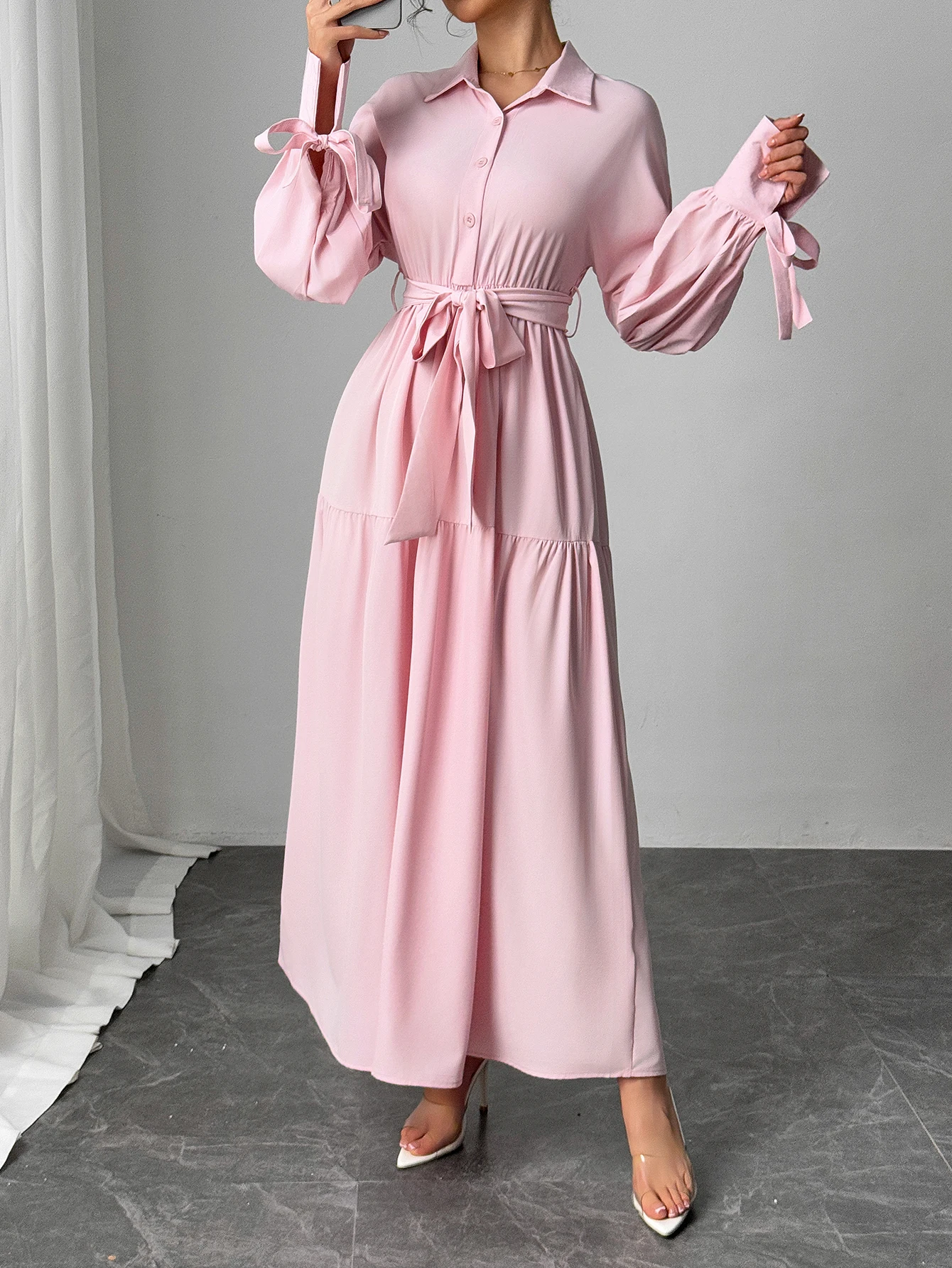 Primavera verão feminino luz rosa vestidos camisa colarinho laço puff manga auto-gravata em camadas maxi vestido elegante vestido diário