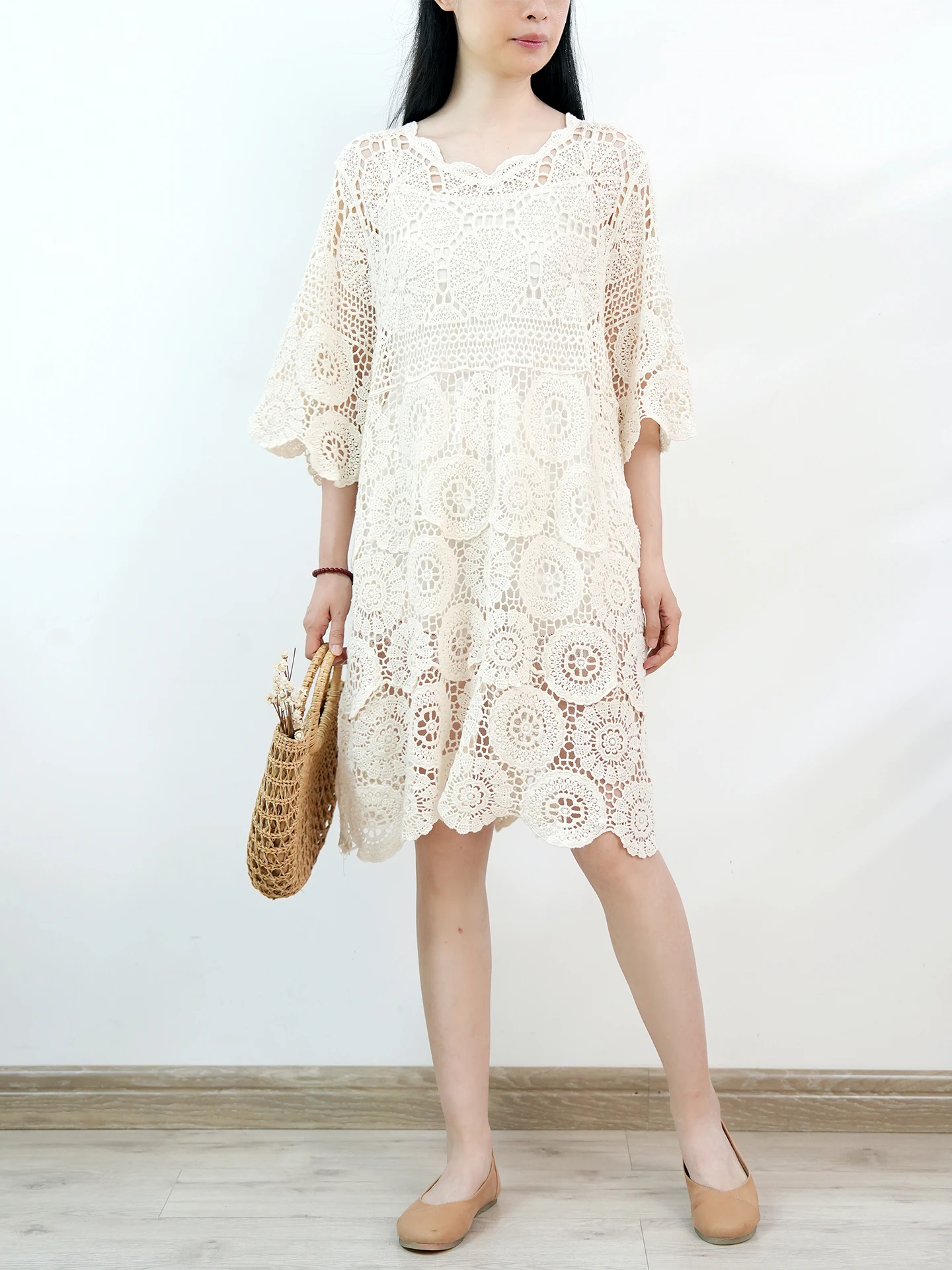 TIYIHAILEY Spring Summer Women Knitting Dresses Half Flare Sleeve Beige Loose Ladies Clothing Fashion Knee Length 2025 New