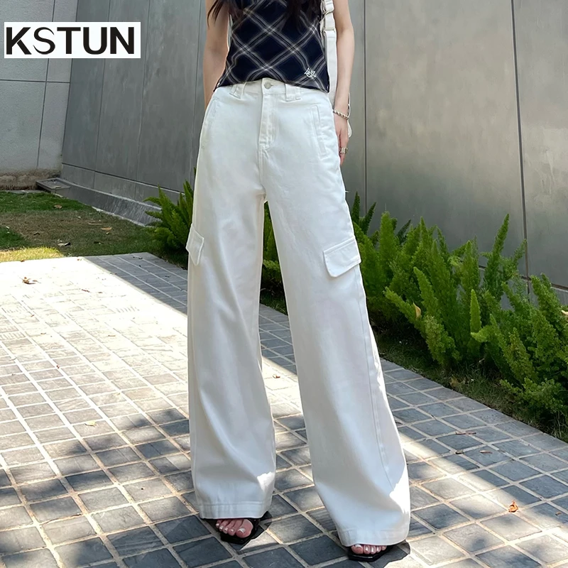 

KSTUN Cargo Jeans Women White Jeans Straight Cut Wide-leg Pants Casual Streetwear Vintage Americian Style Female Denim Trousers