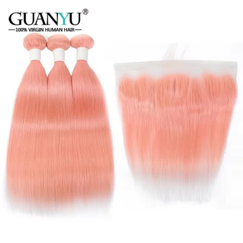 #Pink Straight Colored Hair Bundles with Frontal Brazilian Remy 100% Human Hair Weaves 3 Bundles with Lace Frontal 13x4