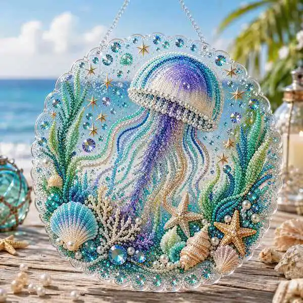 Ocean DIY 3D Beaded Kit, Ocean Diamond Art Suncatchers, Sun Catcher Window Hangings, DIY Pearl Diamond Art Kits for Craft Lovers