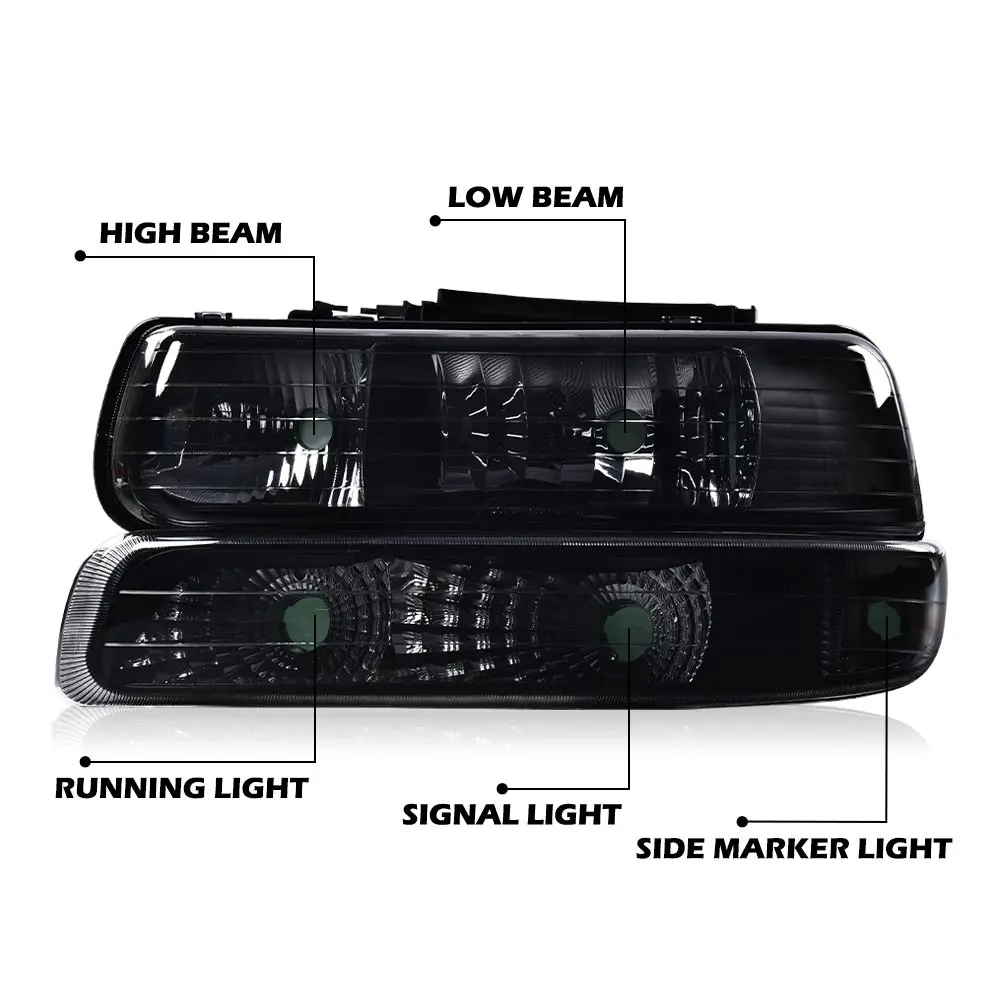 مجموعة المصابيح الأمامية المتوافقة مع تشيفي سيلفرادو 1999 2000 2001 2002 / تناسب كشافات المصد الضواحي تاهو 2000-2006