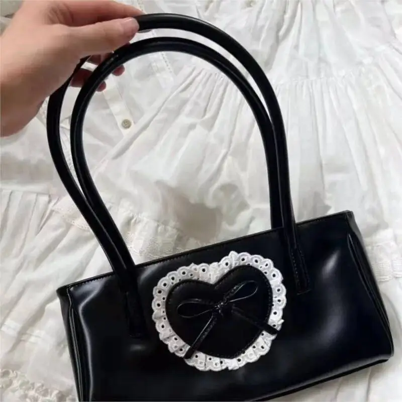 Bloom Lolita Heart White Underarm Bag Women Haruku Lace Leather Y2k Shoulder Bags Purse Female Fairycore Aesthetic Handbag