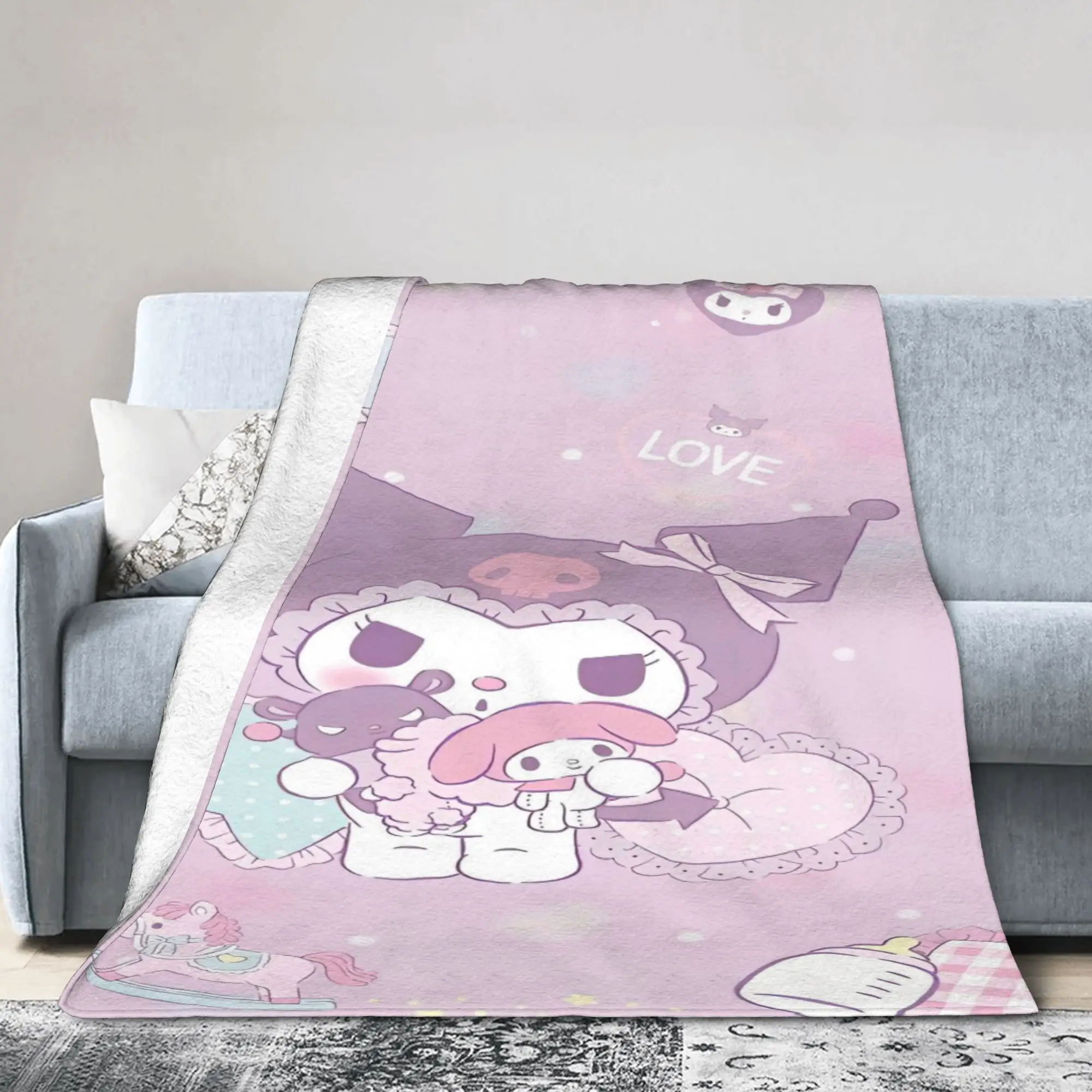 Kuromi Baku بلدي ميلودي بطانيات محبوكة الصوف الكرتون خفيفة الوزن رقيقة رمي البطانيات للسفر في الهواء الطلق غرفة نوم لحاف