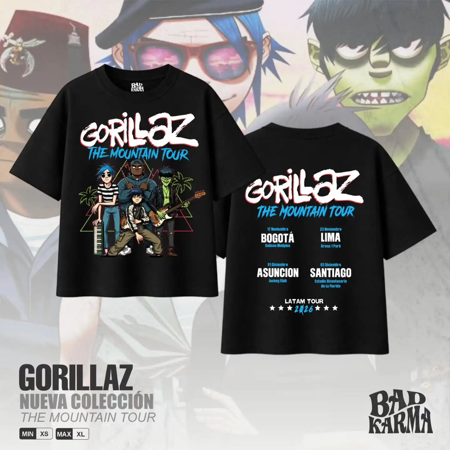 Gorillaz The Mountain Tour Unisex Lateinamerikanische Tour Rockmusik Cartoon-Stil Streetwear Casual T-Shirt – Detail 3
