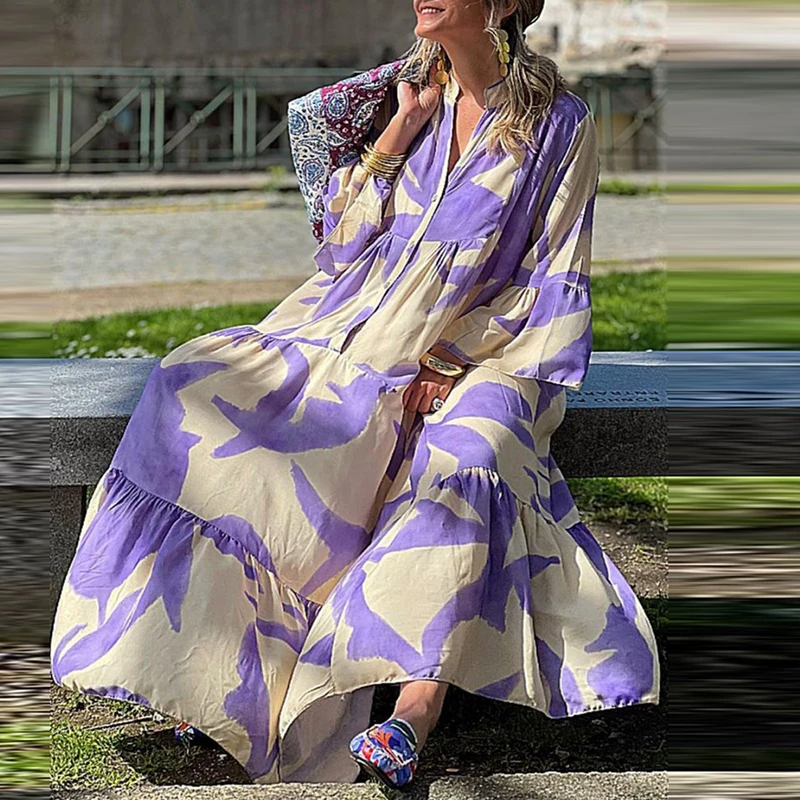 

2023 Autumn Casual Loose Dress New Purple Print V-Neck Pleated Beach Dress Women Fashion Flare Sleeves Swing Long Dress Vestidos